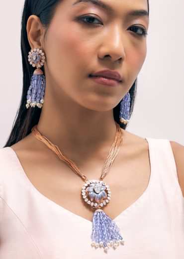 Blue And Rose Gold Finish Necklace Set With Enamel Work