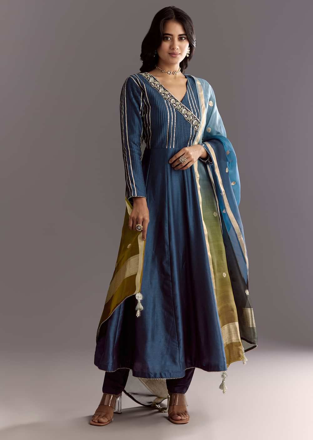 Blue Angrakha Style Anarkali Suit With Butti Work Ombre Dupatta
