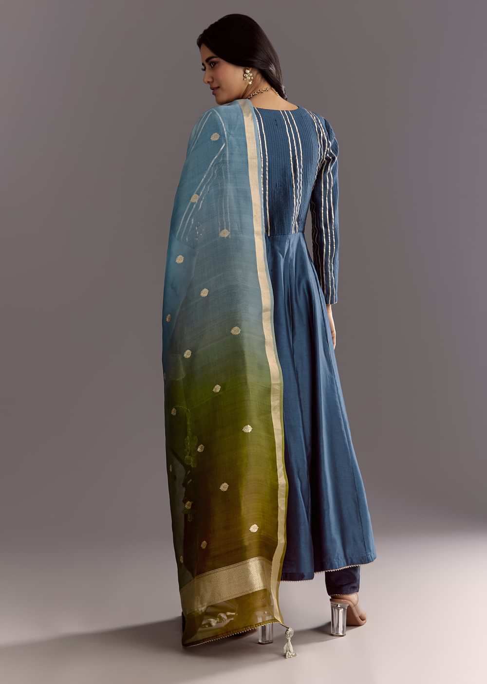 Blue Angrakha Style Anarkali Suit With Butti Work Ombre Dupatta