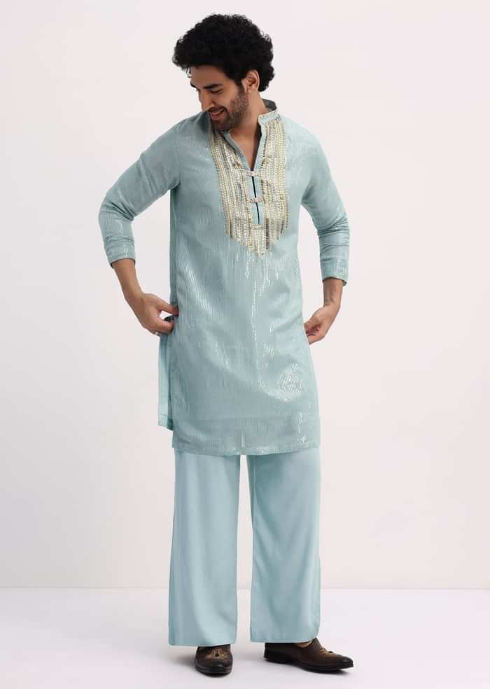 Blue Gold Sequin Kurta With Loose Fitted Pants