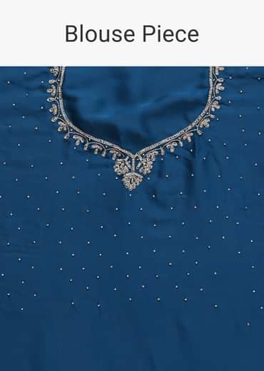 Blue Satin Saree With Stone Studded Border And Unstitched Blouse Piece