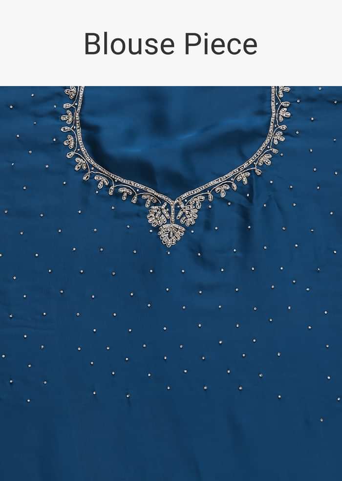 Blue Satin Saree With Stone Studded Border And Unstitched Blouse Piece