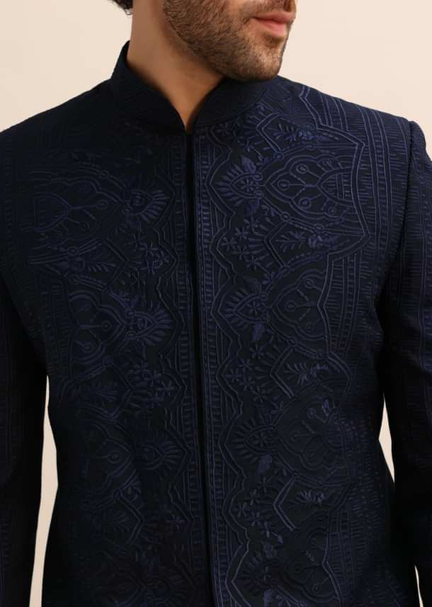 Blue Thread Work Jodhpuri Suit For Men