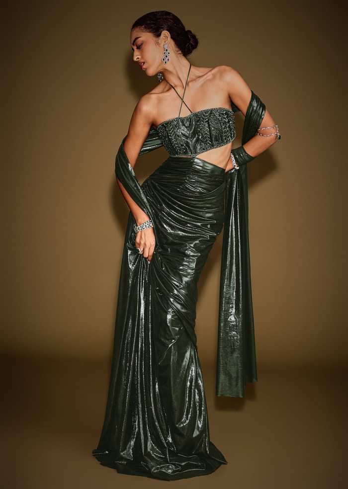 Bottle Green Embroidered Gown With Keyhole Waist And Drape Dupatta