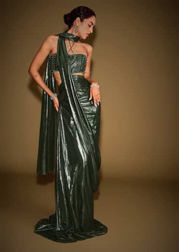 Bottle Green Embroidered Gown With Keyhole Waist And Drape Dupatta
