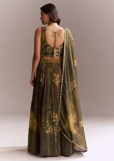 Bottle Green Tissue Lehenga Choli With Floral Print