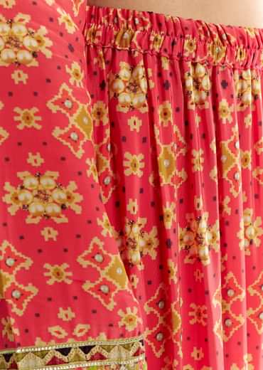 Bright Coral Pink Printed Leather Patch Kurta Sharara With Organza Dupatta