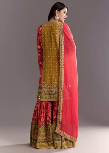 Bright Coral Pink Printed Leather Patch Kurta Sharara With Organza Dupatta