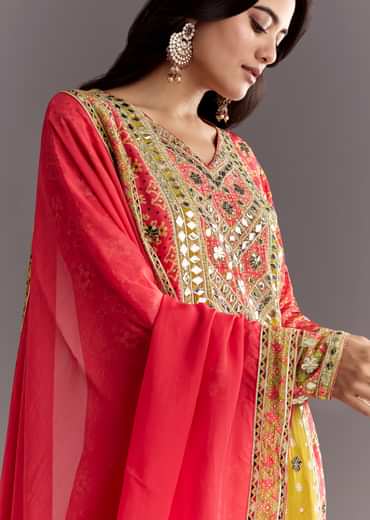Bright Coral Pink Printed Leather Patch Kurta Sharara With Organza Dupatta