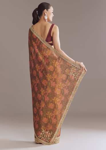 Brown Printed Tissue Lurex Saree With Zari Mirror And Cutdana Embroidery