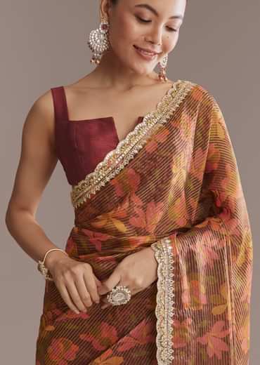 Brown Printed Tissue Lurex Saree With Zari Mirror And Cutdana Embroidery