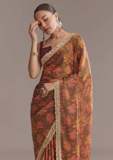 Brown Printed Tissue Lurex Saree With Zari Mirror And Cutdana Embroidery