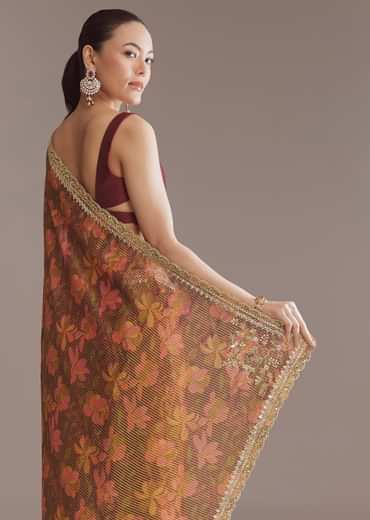 Brown Printed Tissue Lurex Saree With Zari Mirror And Cutdana Embroidery