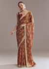 Brown Printed Tissue Lurex Saree With Zari Mirror And Cutdana Embroidery