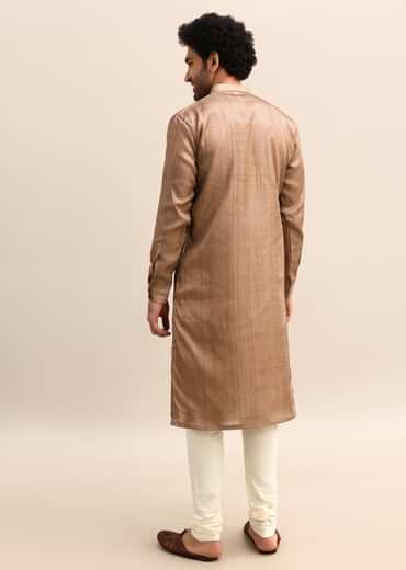 Brown Tussar Silk Plain Kurta Pyjama For Men