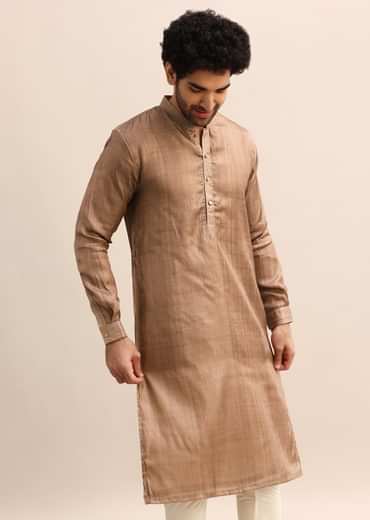 Brown Tussar Silk Plain Kurta Pyjama For Men