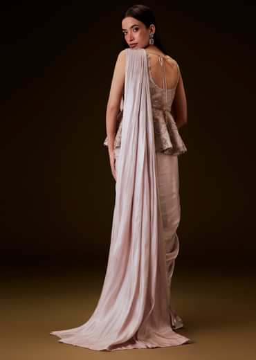 Champion Peach Sequence Embroidered Peplum Top With Saree