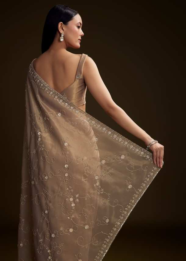 Copper Tissue Saree With Heavy Floral Hand Embroidery Copper Tissue Saree With Heavy Floral Hand Embroidery