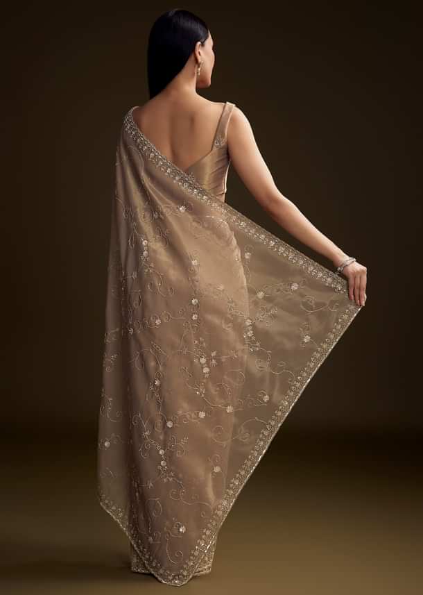 Copper Tissue Saree With Heavy Floral Hand Embroidery Copper Tissue Saree With Heavy Floral Hand Embroidery