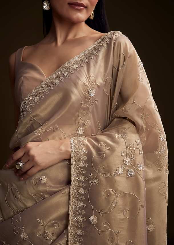 Copper Tissue Saree With Heavy Floral Hand Embroidery Copper Tissue Saree With Heavy Floral Hand Embroidery