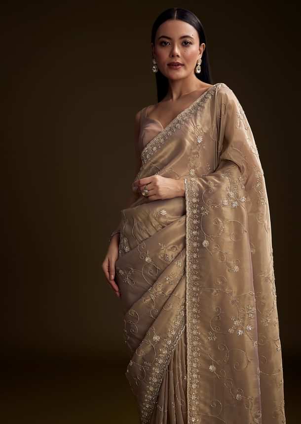 Copper Tissue Saree With Heavy Floral Hand Embroidery Copper Tissue Saree With Heavy Floral Hand Embroidery