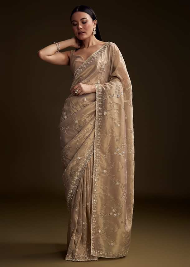 Copper Tissue Saree With Heavy Floral Hand Embroidery Copper Tissue Saree With Heavy Floral Hand Embroidery