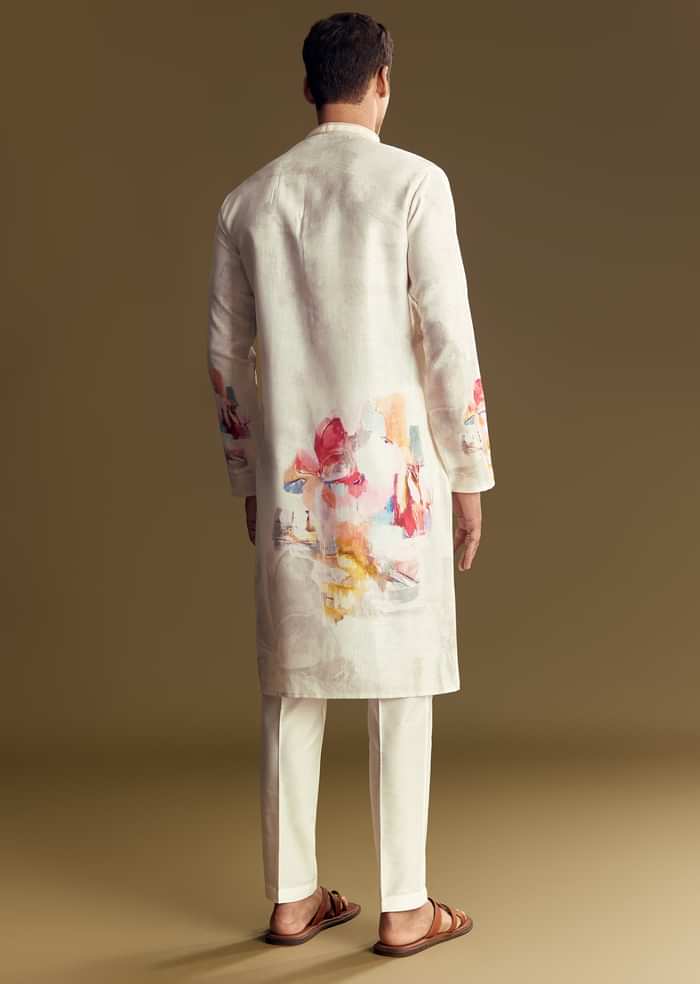 Cream Linen Kurta Set With Abstract Artistic Print