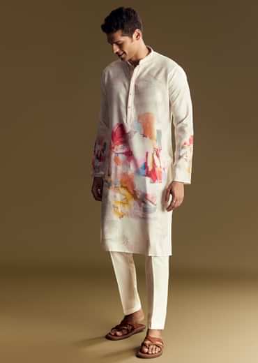Cream Linen Kurta Set With Abstract Artistic Print