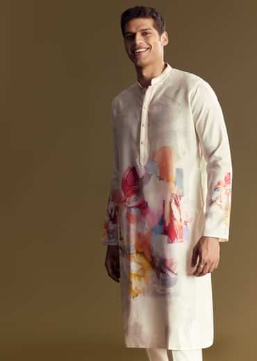 Cream Linen Kurta Set With Abstract Artistic Print