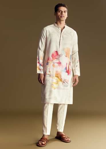 Cream Linen Kurta Set With Abstract Artistic Print