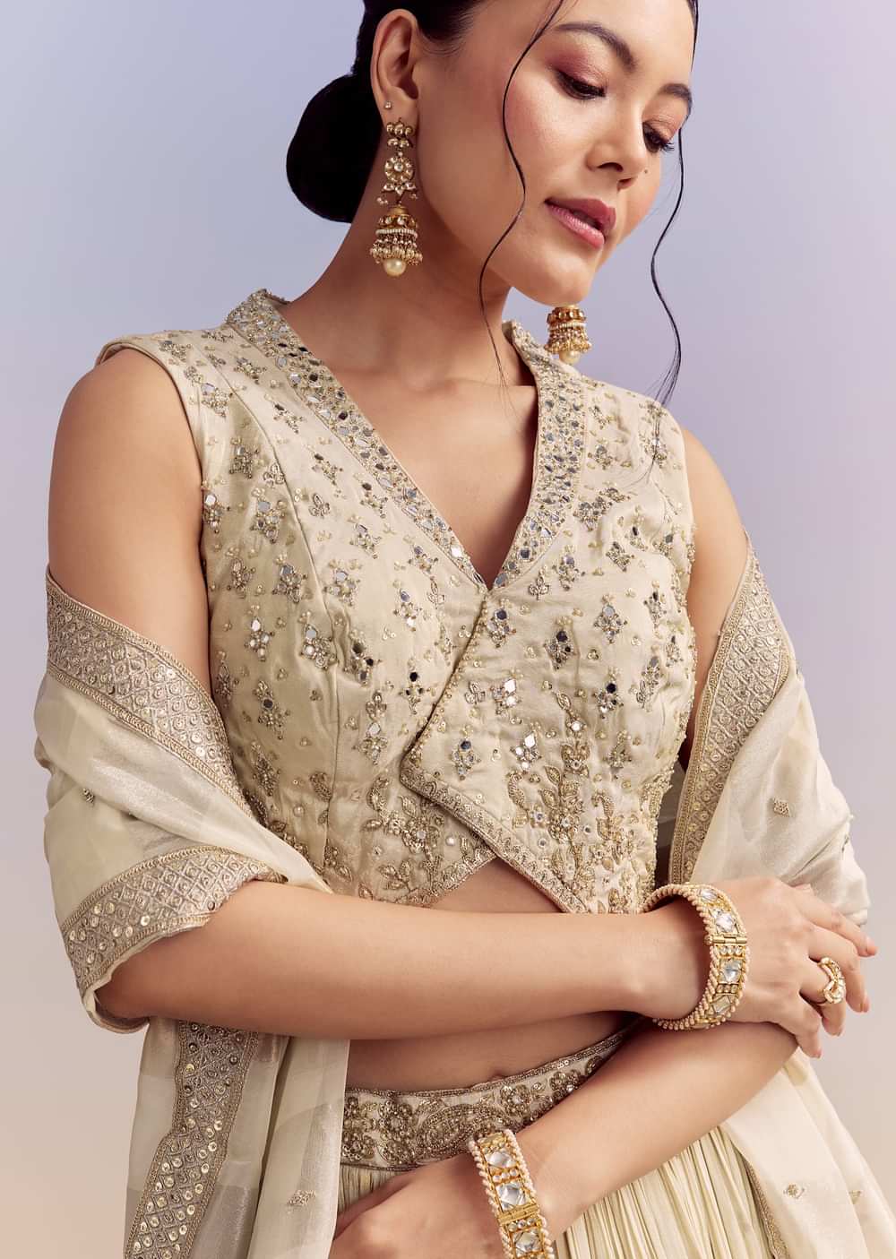 Cream Chinon Bridesmaid Lehenga With Tissue Dupatta