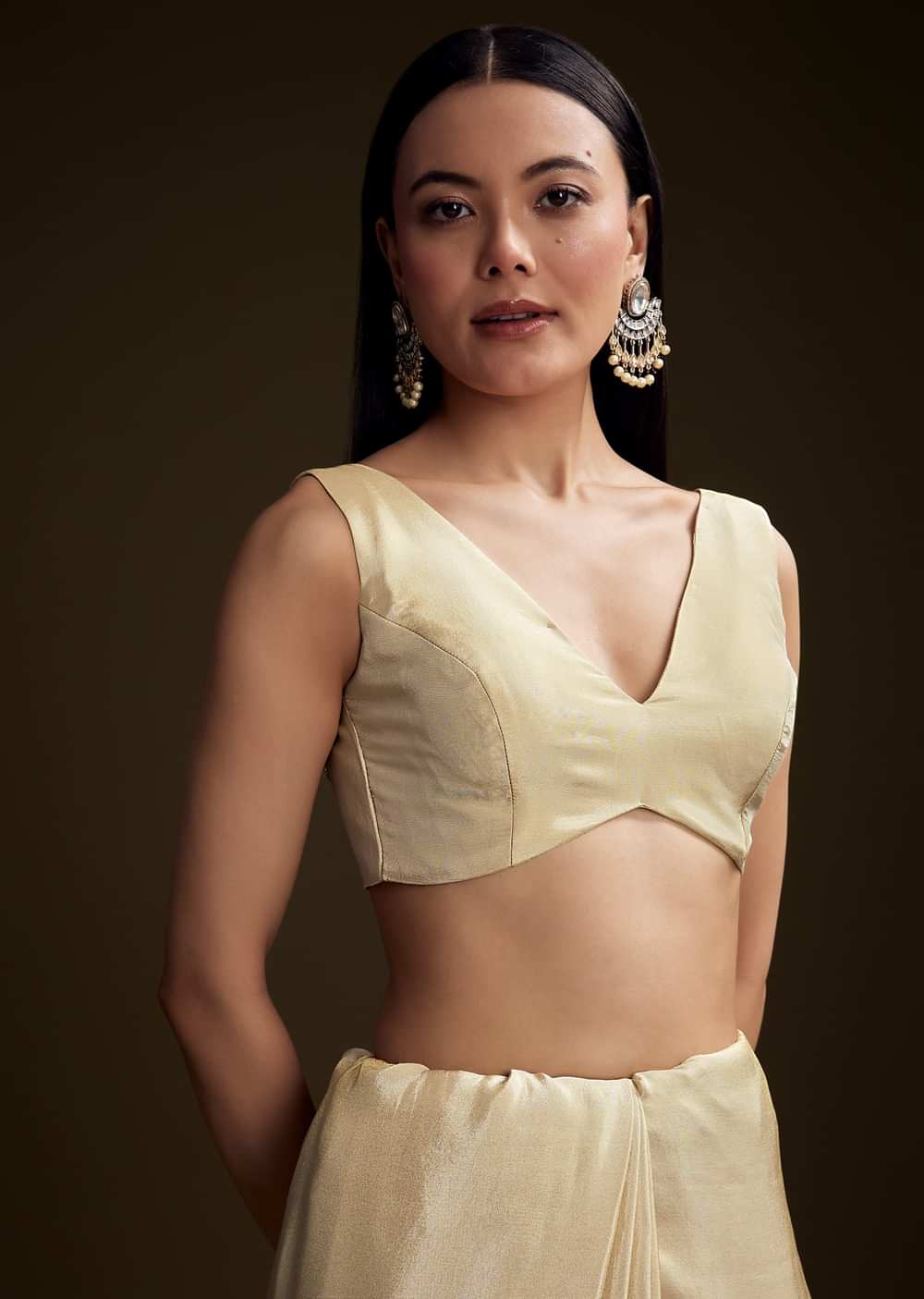 Cream Tissue Saree With Zardosi And Bead Embroidery