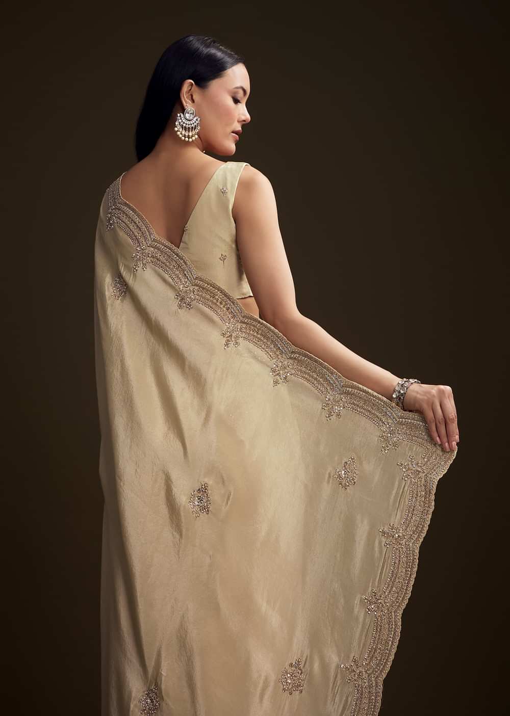 Cream Tissue Saree With Zardosi And Bead Embroidery