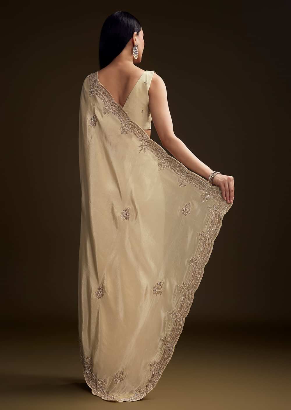 Cream Tissue Saree With Zardosi And Bead Embroidery