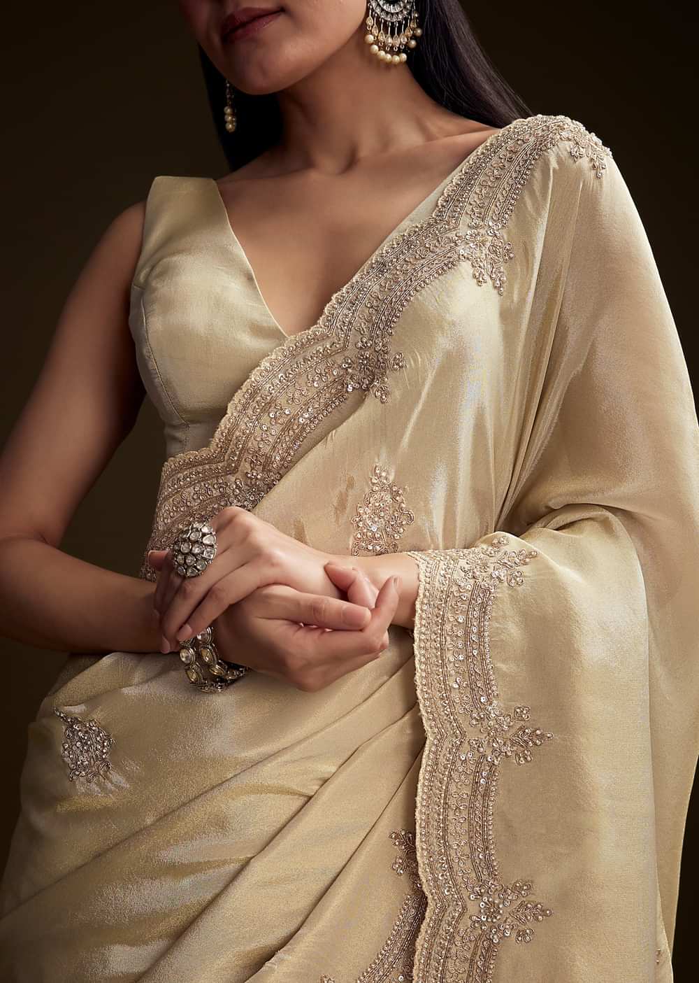 Cream Tissue Saree With Zardosi And Bead Embroidery