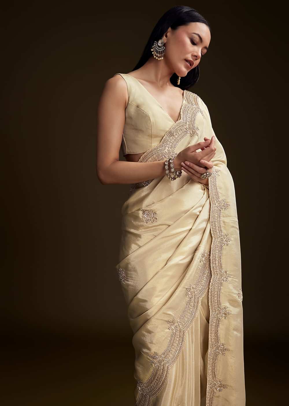 Cream Tissue Saree With Zardosi And Bead Embroidery