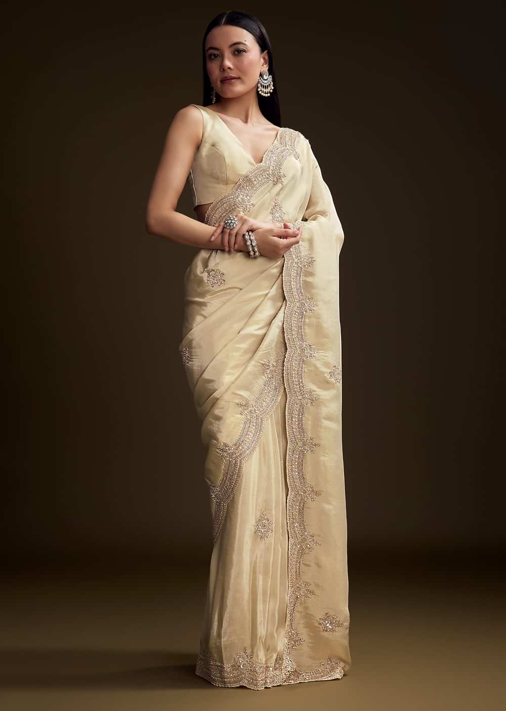Cream Tissue Saree With Zardosi And Bead Embroidery