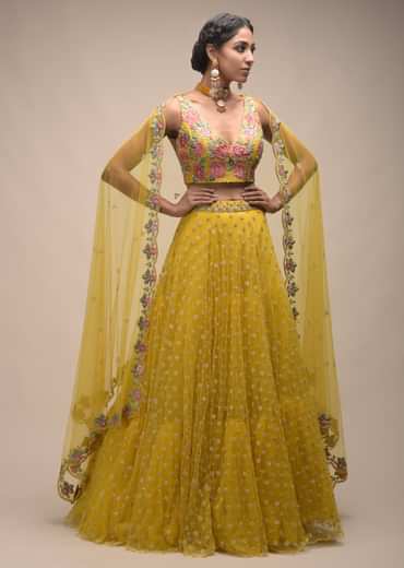 Citrus Lehenga And Crop Top With Resham Embroidered Spring Blossoms