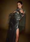 Dark Green Corset Drape Gown With Embroidered Cape