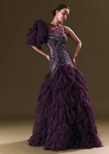 Deep Violet Mermaid Fit Asymmetric Gown With Ruffle Detailing