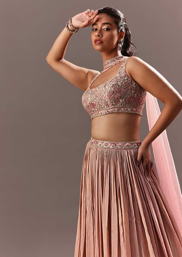 Dusty Pink Ruching Lehenga With Embroidered Blouse And Choker Dupatta