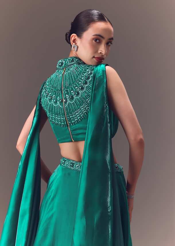 Green Organza Cowl Blouse And Lehenga Set