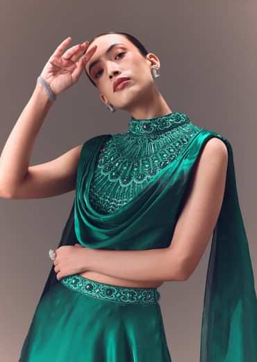 Green Organza Cowl Blouse And Lehenga Set
