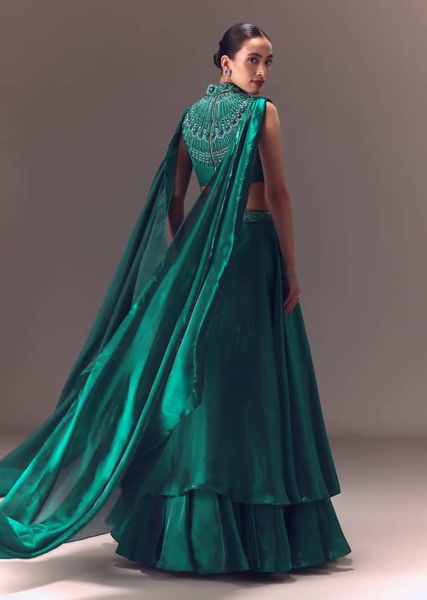 Green Organza Cowl Blouse And Lehenga Set