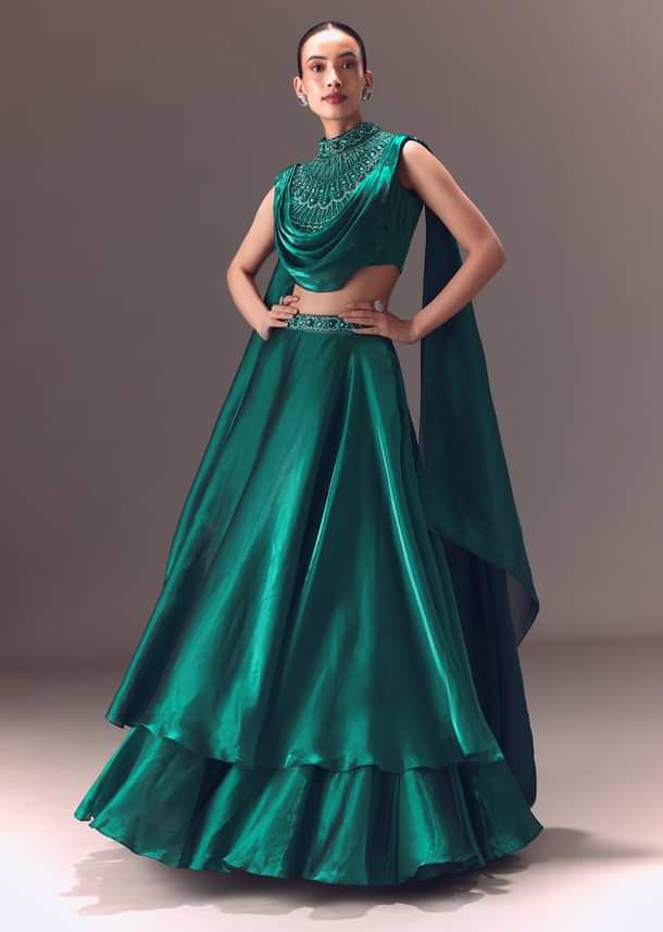 Green Organza Cowl Blouse And Lehenga Set