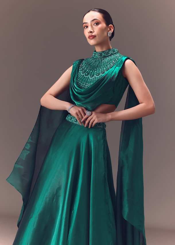 Green Organza Cowl Blouse And Lehenga Set
