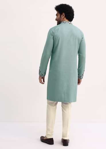 Green Handwork Embroidered Kurta Set For Men