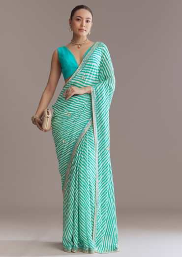 Turquoise Blue Chinon Saree With Leheriya And Gota Work