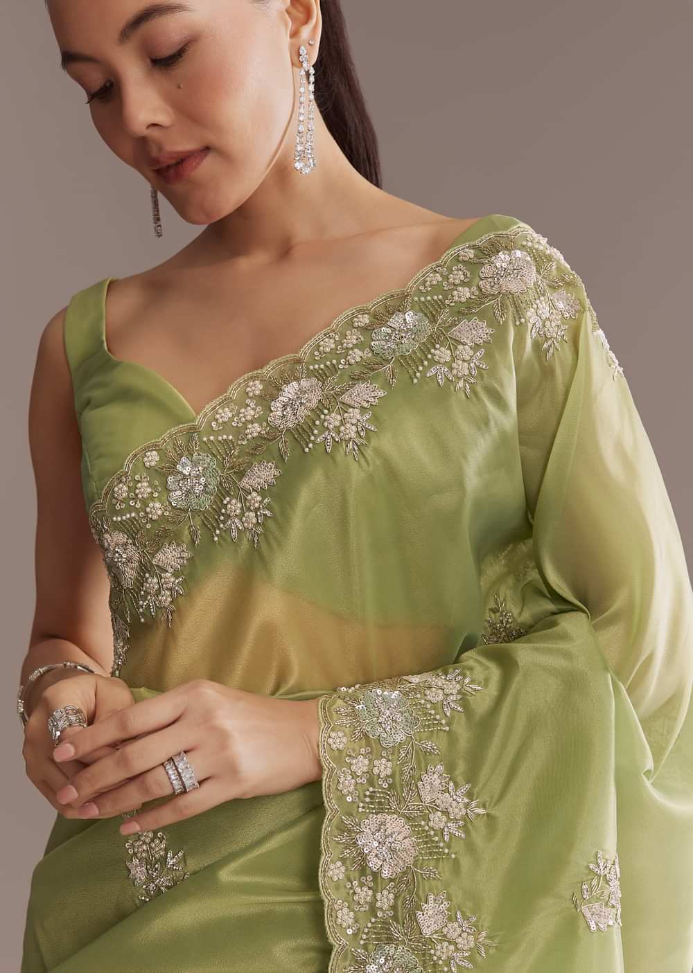 Green Tissue Saree With Bead And Sequin Embroidery