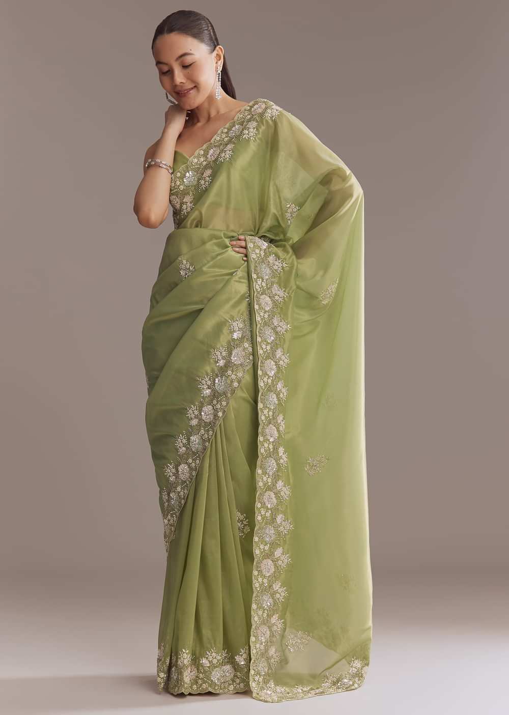 Green Tissue Saree With Bead And Sequin Embroidery